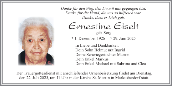 Traueranzeige von Ernestine Eiselt von Allgäuer Zeitung, Marktoberdorf