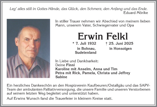 Traueranzeige von Erwin Felkl von Allgäuer Zeitung, Kaufbeuren/Buchloe