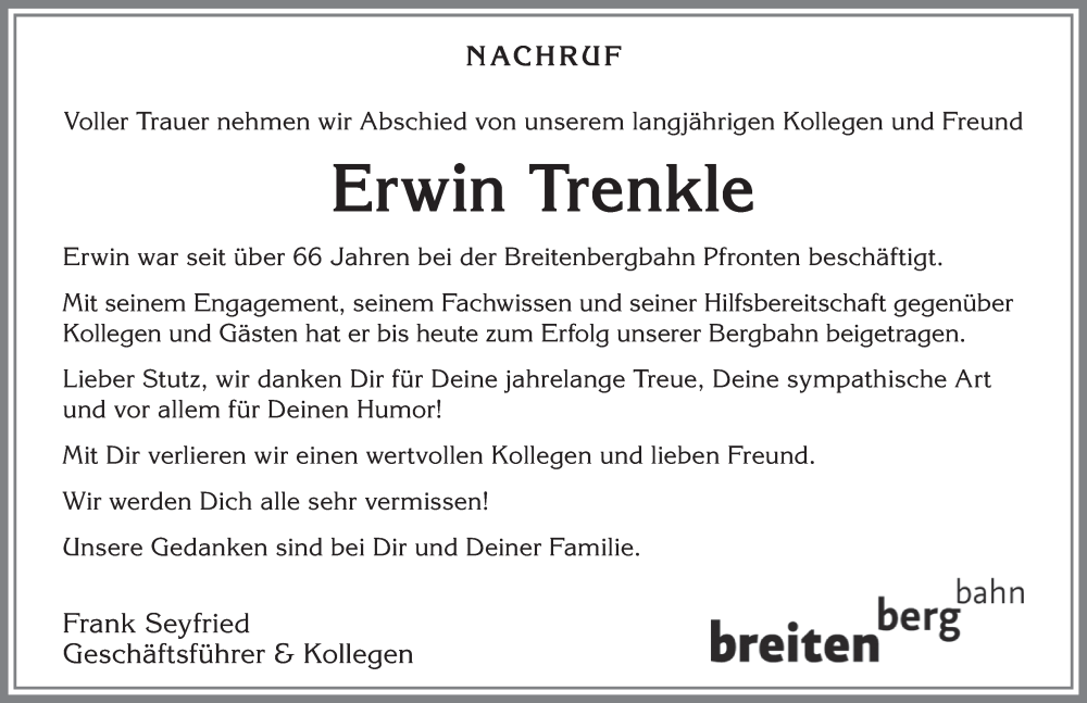 Traueranzeige für Erwin Trenkle vom 01.07.2025 aus Allgäuer Zeitung, Füssen