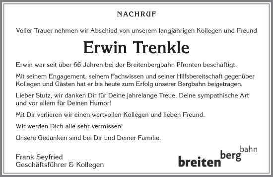 Traueranzeige von Erwin Trenkle von Allgäuer Zeitung, Füssen