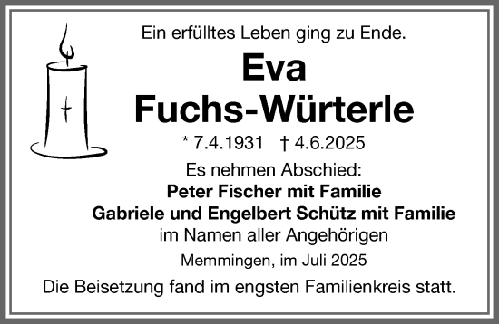 Traueranzeige von Eva Fuchs-Wurterle von Memminger Zeitung