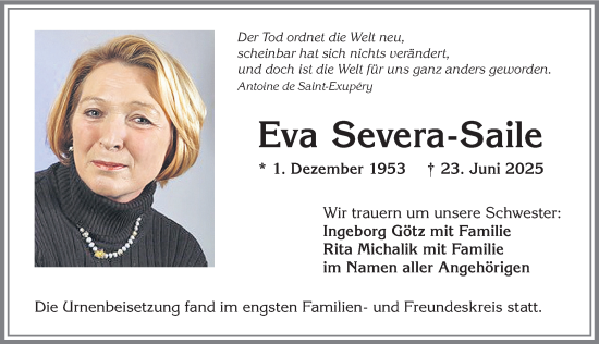 Traueranzeige von Eva Severa-Saile von Allgäuer Zeitung, Kaufbeuren/Buchloe