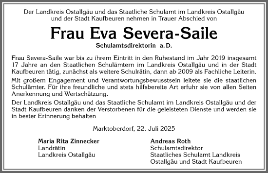 Traueranzeige von Eva Severa-Saile von Allgäuer Zeitung, Kaufbeuren/Buchloe