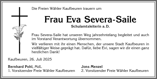 Traueranzeige von Eva Severa-Saile von Allgäuer Zeitung, Kaufbeuren/Buchloe