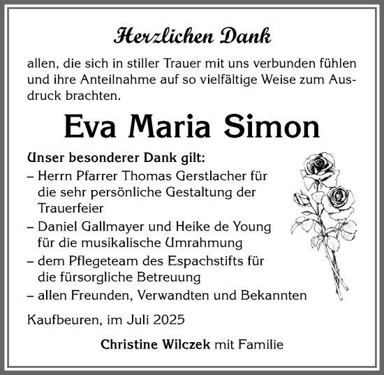 Traueranzeige von Eva Maria Simon von Allgäuer Zeitung, Kaufbeuren/Buchloe