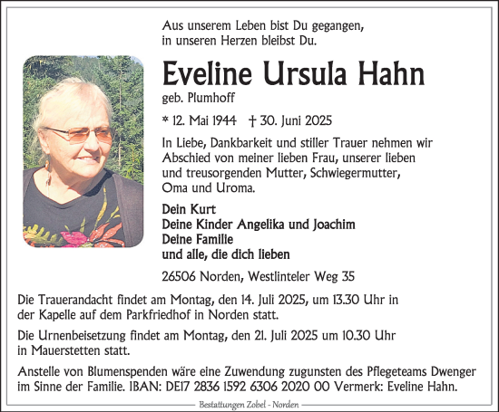 Traueranzeige von Eveline Ursula Hahn von Allgäuer Zeitung, Kaufbeuren/Buchloe
