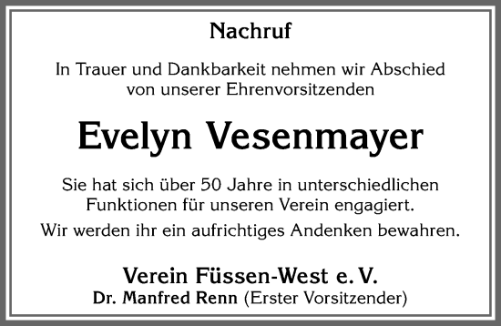 Traueranzeige von Evelyn Vesenmayer von Allgäuer Zeitung, Füssen