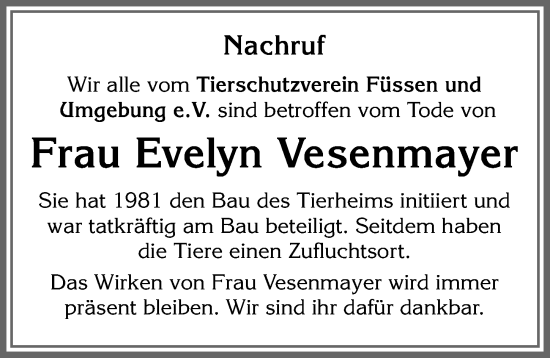 Traueranzeige von Evelyn Vesenmayer von Allgäuer Zeitung, Füssen