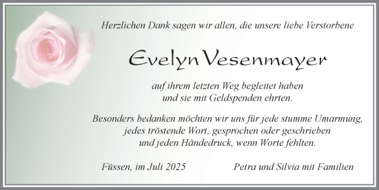Traueranzeige von Evelyn Vesenmayer von Allgäuer Zeitung, Füssen