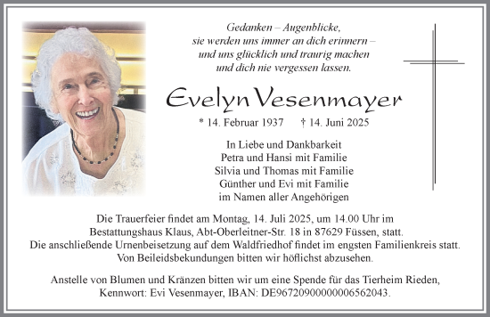 Traueranzeige von Evelyn Vesenmayer von Allgäuer Zeitung, Füssen