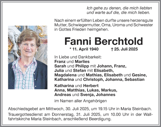 Traueranzeige von Fanni Berchtold von Memminger Zeitung