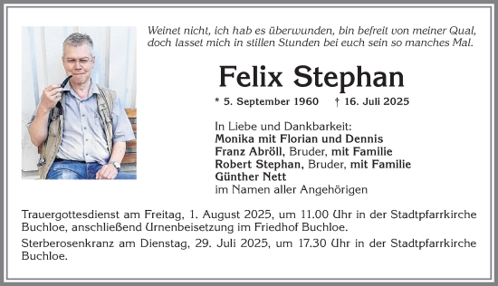 Traueranzeige von Felix Stephan von Allgäuer Zeitung, Kaufbeuren/Buchloe