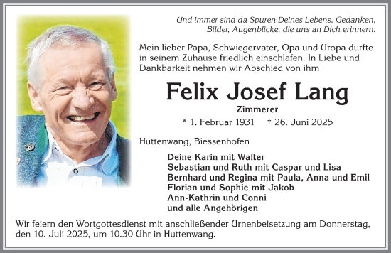 Traueranzeige von Felix Josef Lang von Allgäuer Zeitung, Marktoberdorf