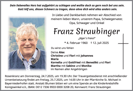 Traueranzeige von Franz Straubinger von Allgäuer Zeitung, Füssen