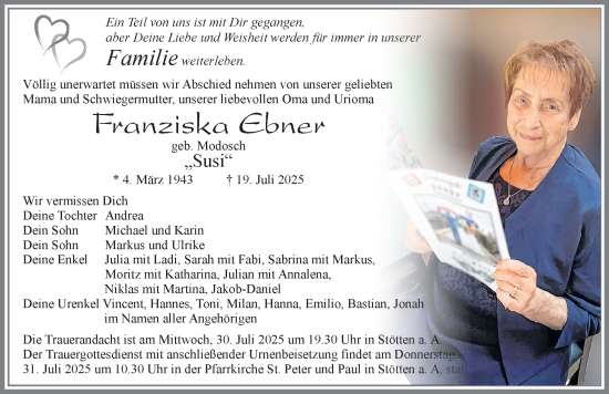 Traueranzeige von Franziska Ebner von Allgäuer Zeitung, Marktoberdorf