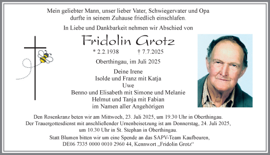 Traueranzeige von Fridolin Grotz von Allgäuer Zeitung, Marktoberdorf