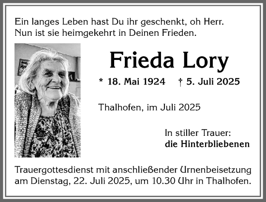 Traueranzeige von Frieda Lory von Allgäuer Zeitung, Marktoberdorf