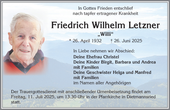 Traueranzeige von Friedrich Wilhelm Letzner von Allgäuer Zeitung,Kempten