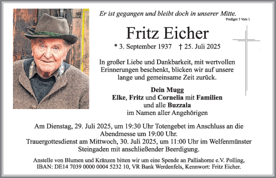 Traueranzeige von Fritz Eicher von Allgäuer Zeitung, Füssen