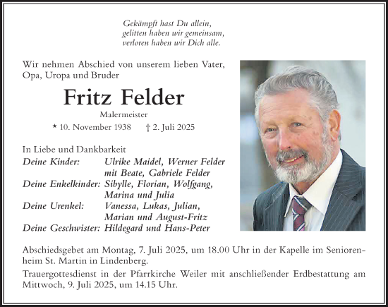 Traueranzeige von Fritz Felder von Der Westallgäuer