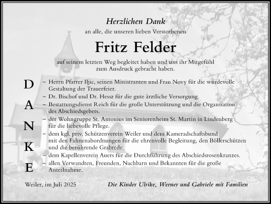 Traueranzeige von Fritz Felder von Der Westallgäuer