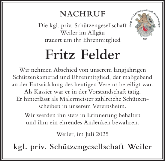 Traueranzeige von Fritz Felder von Der Westallgäuer