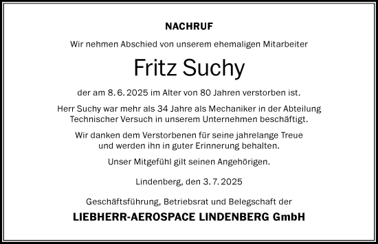 Traueranzeige von Fritz Suchy von Der Westallgäuer
