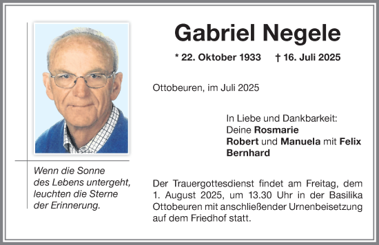 Traueranzeige von Gabriel Negele von Memminger Zeitung