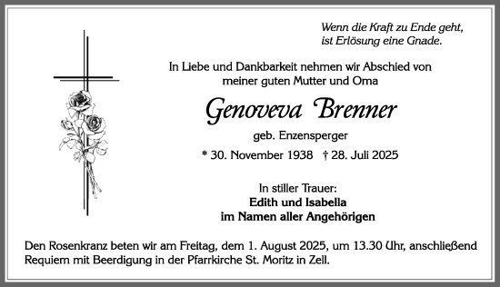 Traueranzeige von Genoveva Brenner von Allgäuer Zeitung, Füssen