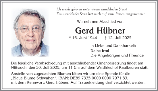 Traueranzeige von Gerd Hübner von Allgäuer Zeitung, Kaufbeuren/Buchloe