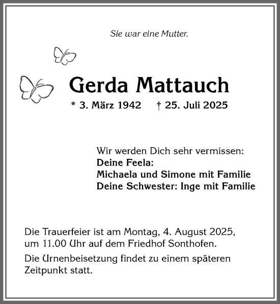 Traueranzeige von Gerda Mattauch von Allgäuer Anzeigeblatt
