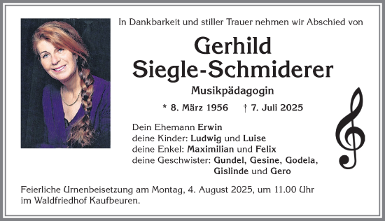 Traueranzeige von Gerhild Siegle-Schmiderer von Allgäuer Zeitung, Kaufbeuren/Buchloe