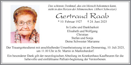Traueranzeige von Gertraud Raab von Allgäuer Zeitung, Marktoberdorf
