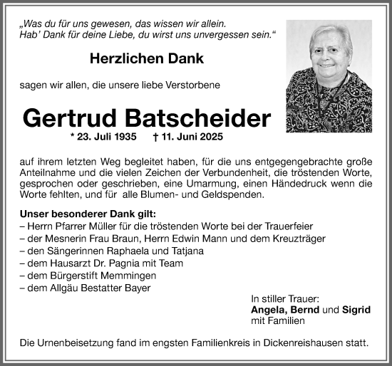 Traueranzeige von Gertrud Batscheider von Memminger Zeitung