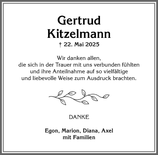 Traueranzeige von Gertrud Kitzelmann von Allgäuer Anzeigeblatt