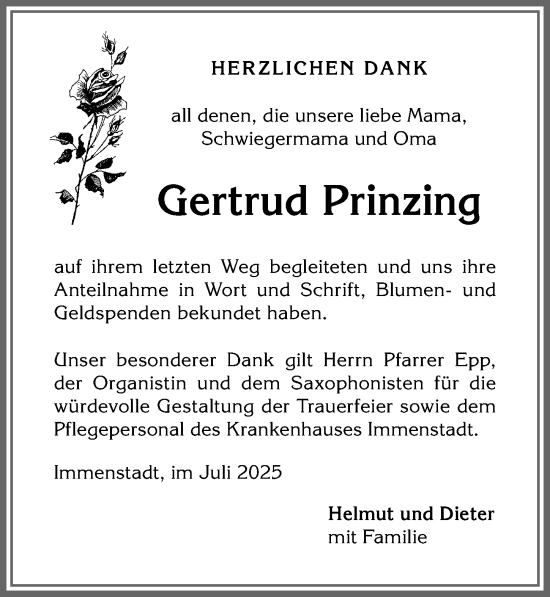 Traueranzeige von Gertrud Prinzing von Allgäuer Anzeigeblatt