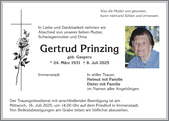 Traueranzeige von Gertrud Prinzing von Allgäuer Anzeigeblatt
