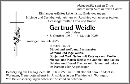 Traueranzeige von Gertrud Weidle von Memminger Zeitung