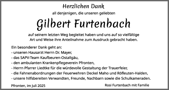 Traueranzeige von Gilbert Furtenbach von Allgäuer Zeitung, Füssen