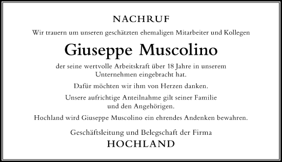 Traueranzeige von Giuseppe Muscolino von Der Westallgäuer
