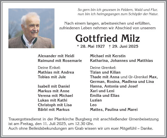 Traueranzeige von Gottfried Milz von Allgäuer Anzeigeblatt