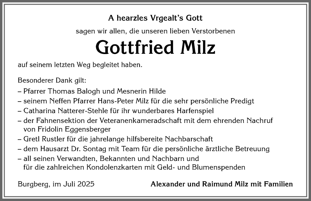  Traueranzeige für Gottfried Milz vom 30.07.2025 aus Allgäuer Anzeigeblatt