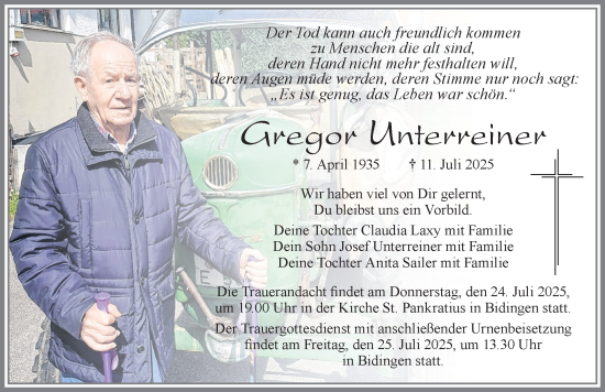 Traueranzeige von Gregor Unterreiner von Allgäuer Zeitung, Marktoberdorf