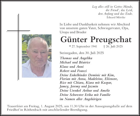 Traueranzeige von Günter Preugschat von Der Westallgäuer