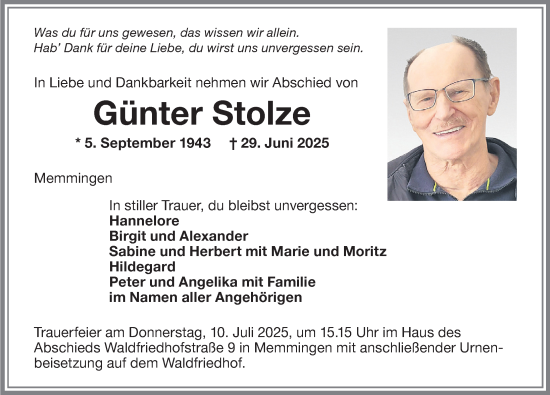 Traueranzeige von Günter Stolze von Memminger Zeitung