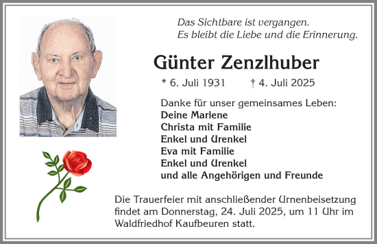 Traueranzeige von Günter Zenzlhuber von Allgäuer Zeitung, Kaufbeuren/Buchloe