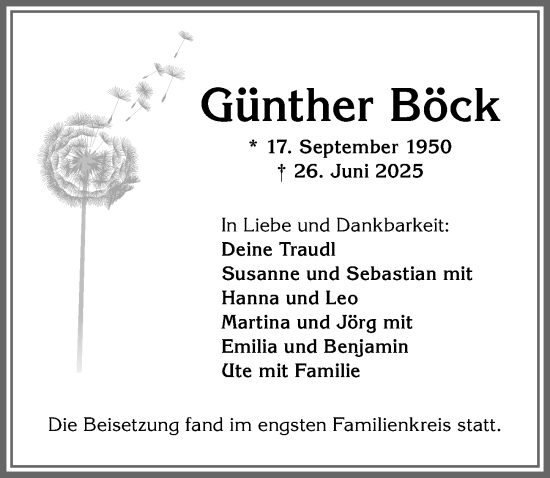 Traueranzeige von Günther Böck von Allgäuer Anzeigeblatt