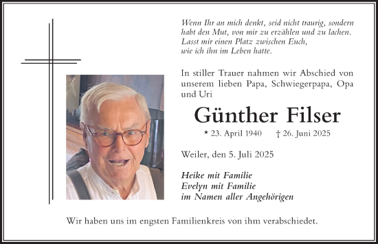 Traueranzeige von Günther Filser von Der Westallgäuer