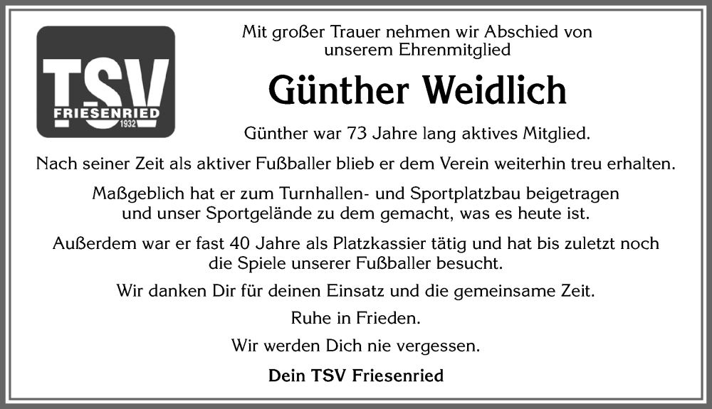  Traueranzeige für Günther Weidlich vom 18.07.2025 aus Allgäuer Zeitung, Kaufbeuren/Buchloe