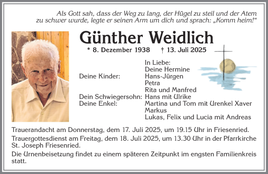 Traueranzeige von Günther Weidlich von Allgäuer Zeitung, Kaufbeuren/Buchloe